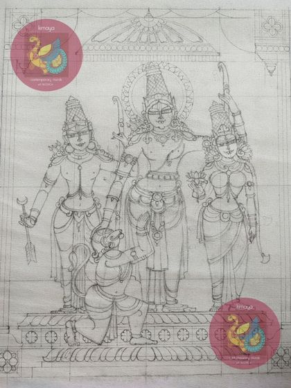 The initial pencil sketch of the 16x21 inch Ram Darbar. This is the blueprint for the entire painting, where I compose the scene and place each divine figure.