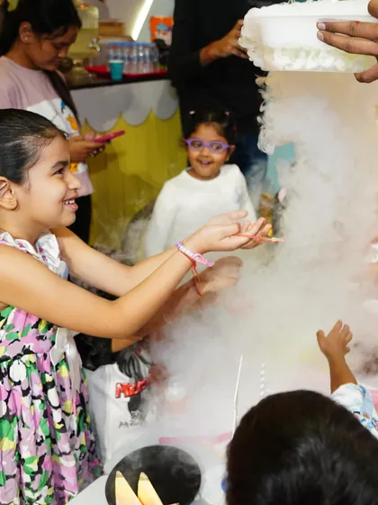 Kids are mesmerized by a science-based activity creating dry ice fog. We can incorporate educational and fun experiments into the party entertainment.