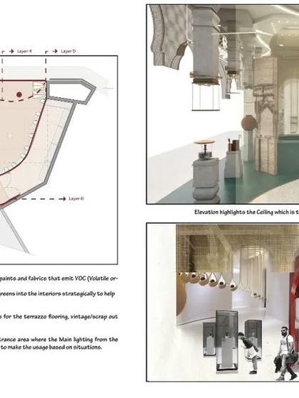 Further planning documents for the airport project, showing elevations and the concept of a "curtain of light" in the ceiling.