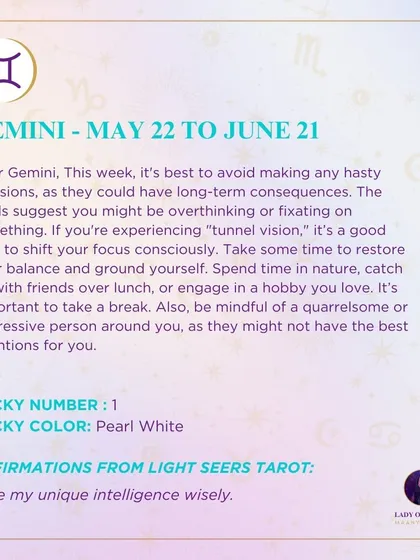 This week's tarot forecast for Gemini. The reading advises against making hasty decisions and suggests taking time to restore your balance and ground yourself.