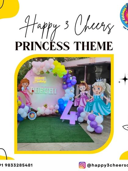 This princess party for a 4th birthday featured cutouts of popular princesses like Sofia the First and Elsa. The setup was built on an artificial grass patch with a custom backdrop and a colorful balloon garland.