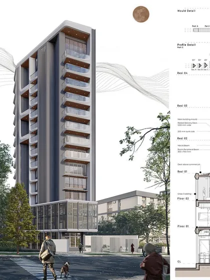 This design for an upcoming residential project in BKC is a 'Kit of Moulds'. The beveled projections on the balconies are designed to create a fluid yet bold iconic statement, using custom metal moulds to shape the concrete.