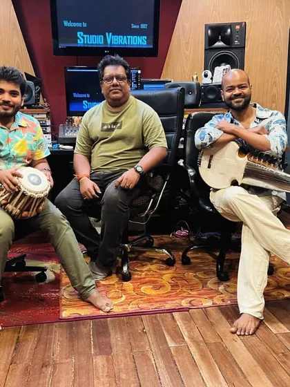 In the studio with the brilliant Soumik Datta da, brainstorming for a new project at Studio Vibrations. This is what a collaborative recording session looks like: a creative exchange of ideas to build a unique sound together.