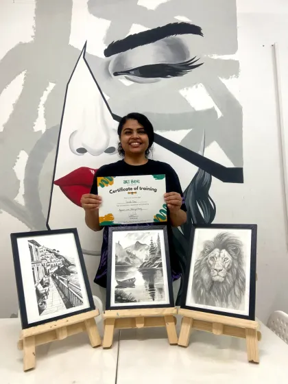 Another successful graduate of our sketching course, showcasing his impressive drawings of a landscape, a portrait, and an animal.