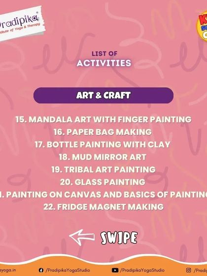 A detailed list of the art and craft activities we offer. Our curriculum includes diverse options like Mandala art, paper bag making, bottle painting with clay, tribal art, and glass painting to expose children to different mediums.
