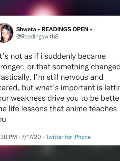 A screenshot of my tweet sharing a life lesson from anime. "It's not as if I suddenly became stronger... what's important is letting your weakness drive you to be better."