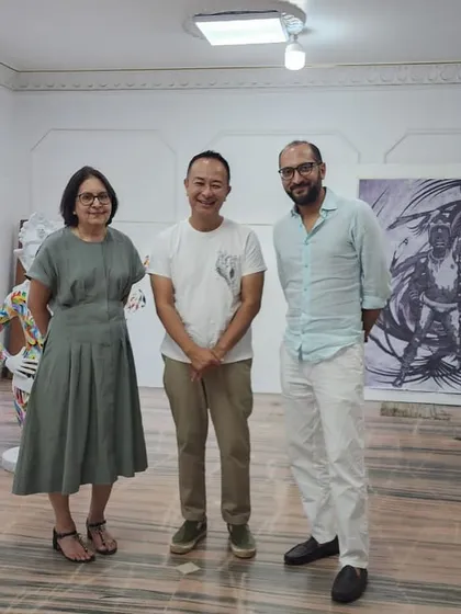 Our director Premilla Baid with artist Tsherin Sherpa during a studio visit in Kathmandu, Nepal. Building relationships with artists extends beyond the gallery walls.