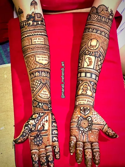 This story-telling mehandi includes the wedding date, ceremony details, and auspicious symbols like Ganesha and elephants. It's a complete narrative of the wedding journey on the bride's arms.