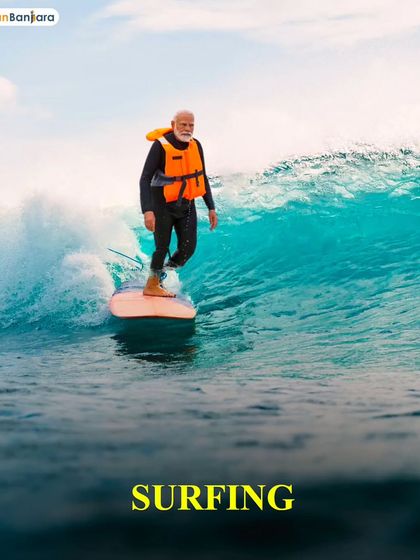 Here's our version of an adventurous PM Modi catching a wave while surfing in the clear blue waters.