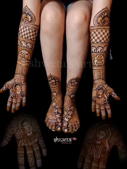 A full bridal look with portrait mehendi on both hands and matching designs on the feet. This showcases how I create a cohesive and stunning look for the entire bridal package.