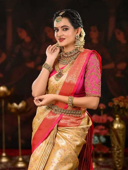 A smiling portrait that captures the joy of the wedding day. The makeup is designed to look fresh and vibrant throughout the celebrations.