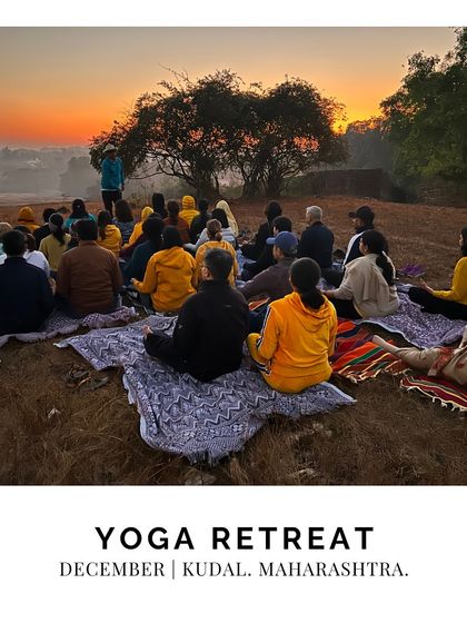 A photo from a past retreat in Kudal, Maharashtra, showing our group meditating at sunrise. This is an example of the beautiful and transformative experiences I offer.