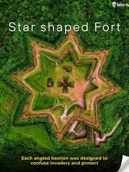 An aerial view of the stunning star-shaped Manjarabad Fort in Sakleshpur. This is one of the unique historical sites we explore on our all-girls trip, mixing nature with fascinating architecture.