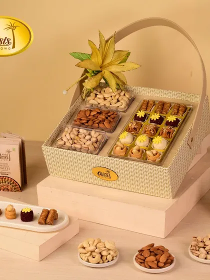 This sophisticated hamper pairs our signature fusion sweets with a selection of high-quality pistachios, almonds, and cashews, presented in a stylish, reusable basket.