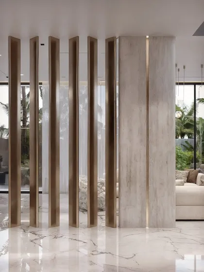 A detail shot of the rotating bronze and stone panels, rendered to show their texture and mechanical function.