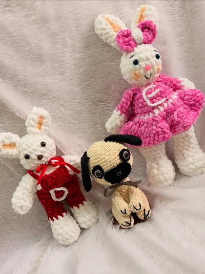 This trio of custom toys includes two plush bunnies and an adorable little pug, all handmade with love.