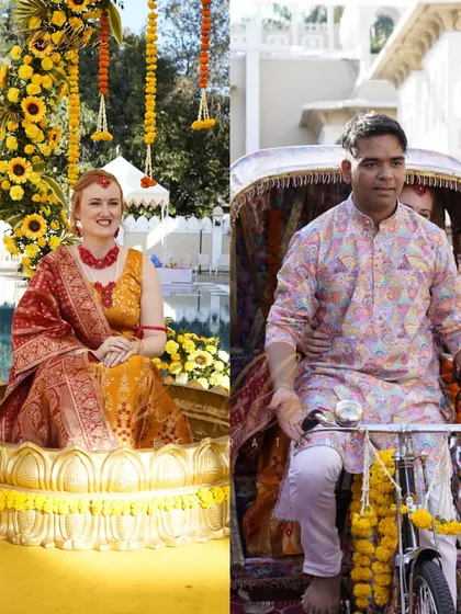 A collage showing the happy couple and the unique props used in their Haldi ceremony, like the lotus-shaped seating and a decorated auto-rickshaw for their entry.