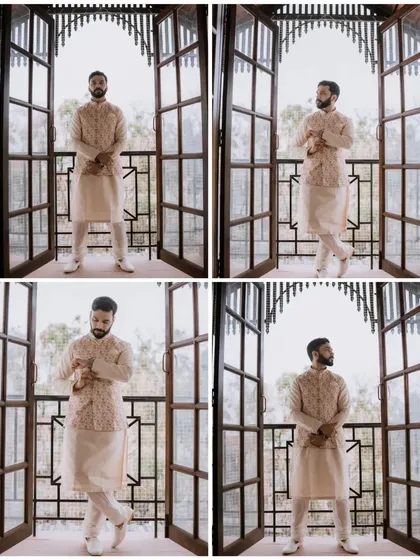 The groom's style and anticipation are a key part of the narrative. This collage showcases a series of portraits capturing his personality and dapper look before the main event.