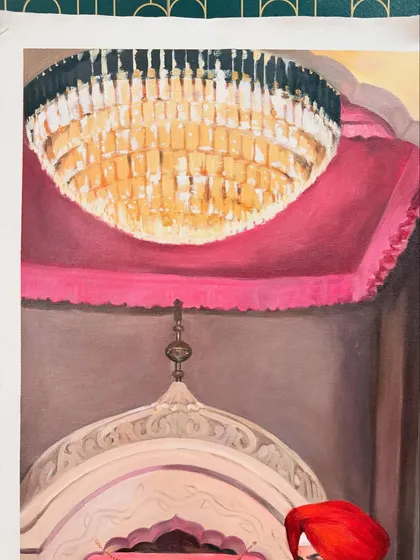A close-up of the magnificent chandelier from a live wedding painting. Capturing details like this adds so much richness and texture to the final artwork.