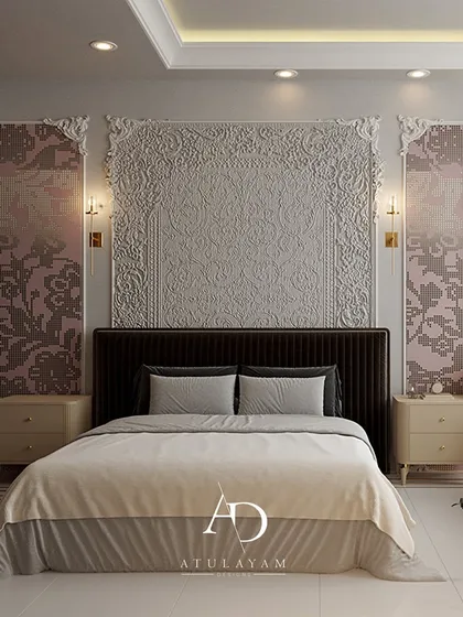 A luxurious bedroom design with a stunning 3D mural behind the bed, complemented by ornate wallpaper panels and modern bedside lighting.
