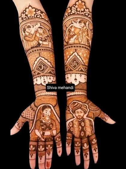 A classic design featuring bride and groom portraits on the palms, with scenes of the sindoor and varmala ceremonies on the forearms.
