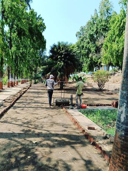 My team preparing a long pathway area for lawn installation, with trees lining the walkway.