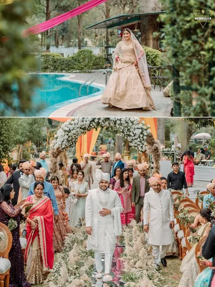A collage showing the bride's poolside entry and the groom's walk down a mirrored aisle, capturing two distinct and beautiful entrances.