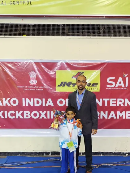 A proud moment with our young champion, Azai Singh Sethi, after he clinched the Gold Medal at the 4th India Open Kickboxing Tournament. We nurture talent from a young age to build future legends.