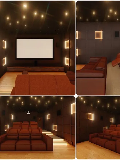 A 3D concept for a home theatre in progress. The design includes acoustic wall paneling, recliner seating, and strategic lighting to create an immersive cinematic experience at home.