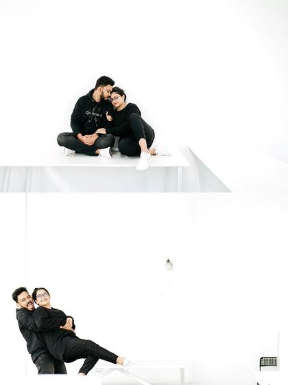 A duplicate of image 10, a minimalist, high-key studio shot that focuses entirely on the couple's interaction and emotion.