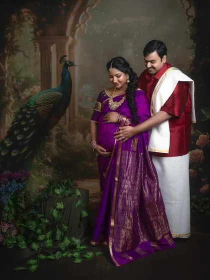 A full-length portrait of the couple, showcasing the beautiful drape of the saree and the traditional veshti, set against our custom peacock backdrop.