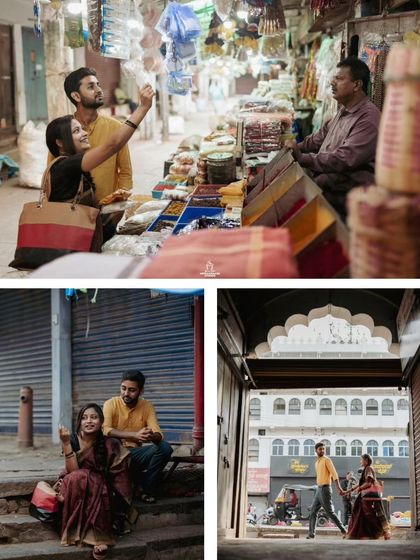 A collage from a vintage-themed pre-wedding shoot in Mysuru, showing the couple exploring the old city streets.