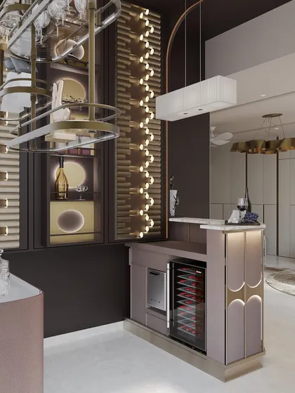 This beautiful home bar is tucked into a cozy nook off the living room. A floor-to-ceiling display unit and a floating shelf by the window provide ample storage with finesse and style.
