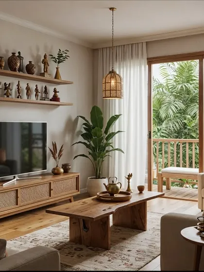 This Japandi living room concept is filled with character, featuring open shelving for displaying pottery and a strong connection to the green outdoors.