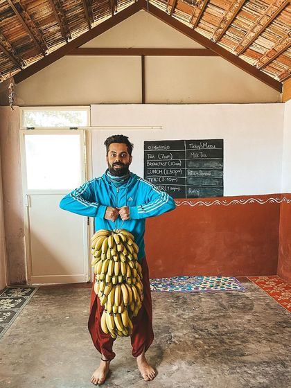 A freshly harvested bunch of bananas from our own garden. We believe in the power of sattvic food, and much of what we eat is grown right here on the ashram land, full of prana and vitality.