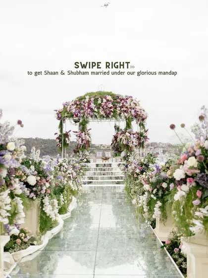 A mirrored aisle leads to a glorious mandap of soft pastels and grounded florals, overlooking the water in Turkey. We designed this space to feel peaceful and sacred, a timeless setting for Shaan and Shubham to exchange their vows.