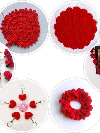 A collage celebrating the color red for the third day of Navratri. It features my red hibiscus flowers, a heart keychain, a scrunchie, and a garland, all handmade by me.