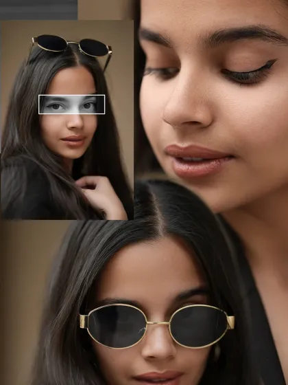 A creative and artistic collage focusing on the details of the look, from a close-up of the eyes to the stylish sunglasses.