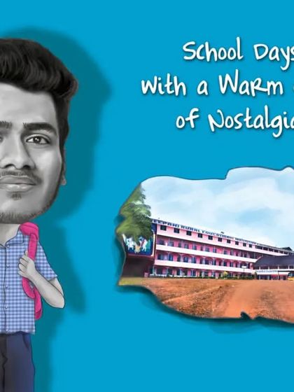 A nostalgic gift for a school friend, featuring a caricature from their younger days and a painting of their school.