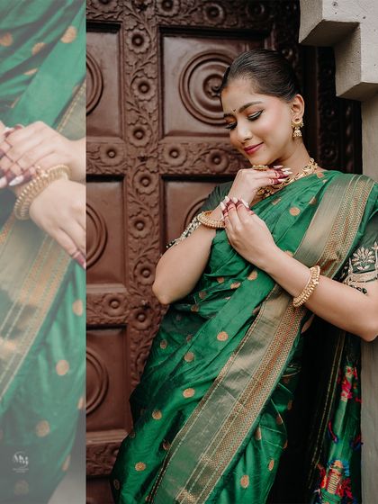 A creative composition focusing on the intricate details of the bride's saree and her delicate hand gestures.