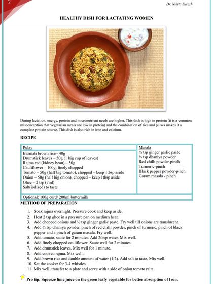 The official recipe card for my award-winning pulav, detailing the ingredients and nutritional information. It provides 21g of protein and 270mg of calcium per serving.