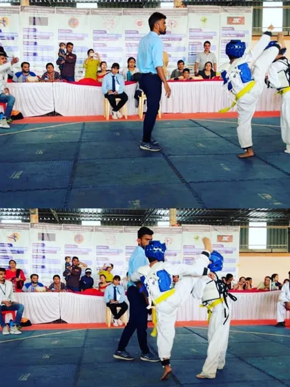 A high-scoring head kick during a competitive match. Our training emphasizes scoring techniques that give our students an edge in tournaments.