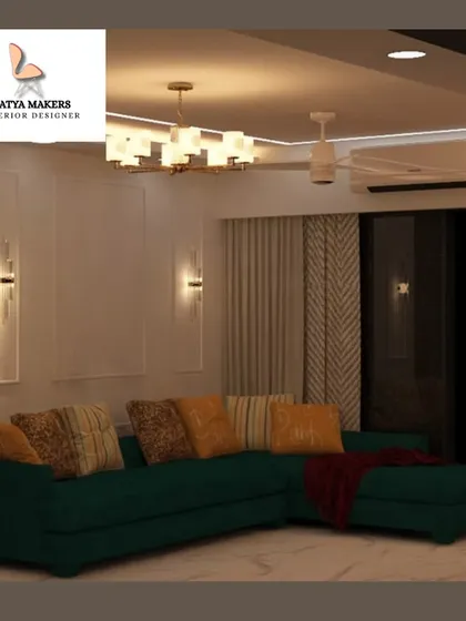 A 3D render of a living room at night, showing how lighting can create a cozy and dramatic atmosphere.