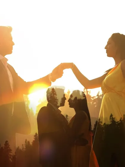 This artistic double exposure shot merges a couple's intimate silhouette with the majestic forests of Kashmir. It’s a creative technique I use to tell a deeper story, symbolizing your connection to each other and the beautiful journey you're on.