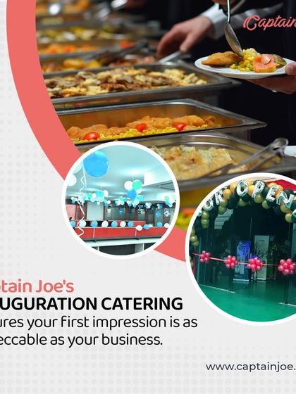 Your first impression is everything, and our inauguration catering ensures it's a great one. This graphic shows examples of our buffet spreads and event decor, perfect for grand openings of showrooms and new offices.