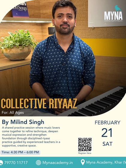 This poster for our Collective Riyaaz session invites music lovers to a shared practice to refine technique and deepen musical expression. It highlights our supportive, creative space guided by experienced teachers.