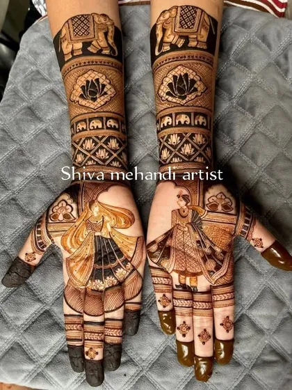 A beautiful figurative mehendi design featuring a dancing couple. The artwork captures movement and grace, surrounded by traditional elephant and floral motifs.