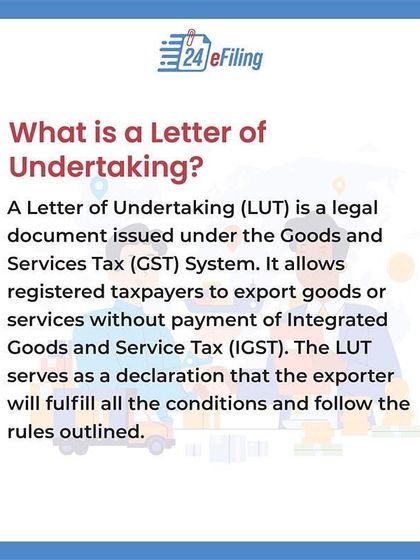 A Letter of Undertaking (LUT) is a legal document under GST that allows you to export without immediate tax payment. It serves as a declaration that you will fulfill all GST compliance rules.