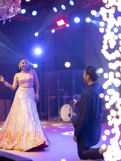A romantic couple's performance, complete with cold pyro effects to highlight the moment. I help script and stage these performances to make them a central part of the evening's entertainment.