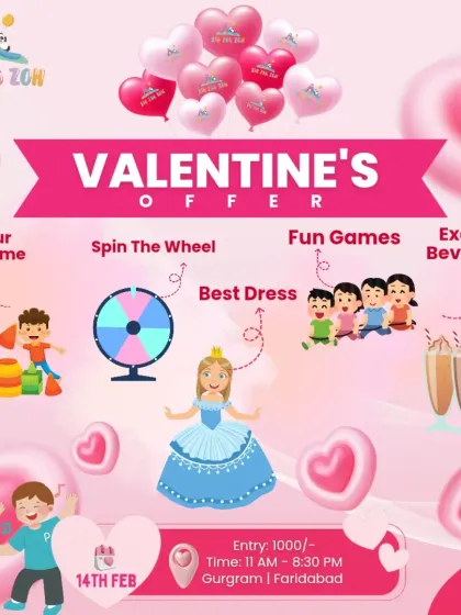 Our Valentine's Day offer is all about fun and friendship. The event includes games like 'Spin The Wheel', a 'Best Dress' contest, and exciting beverages for the kids.